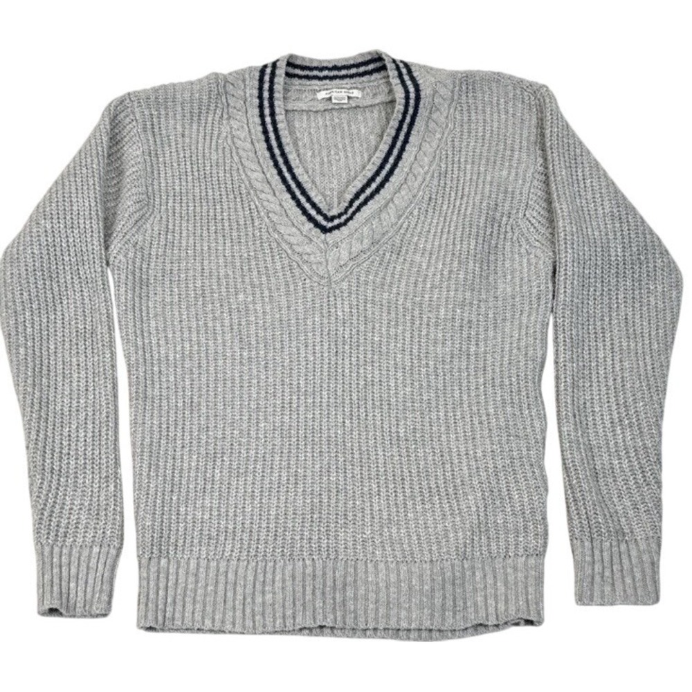 American Eagle Cable Knit Sweater Womens XS Gray V Neck Cotton Pullover